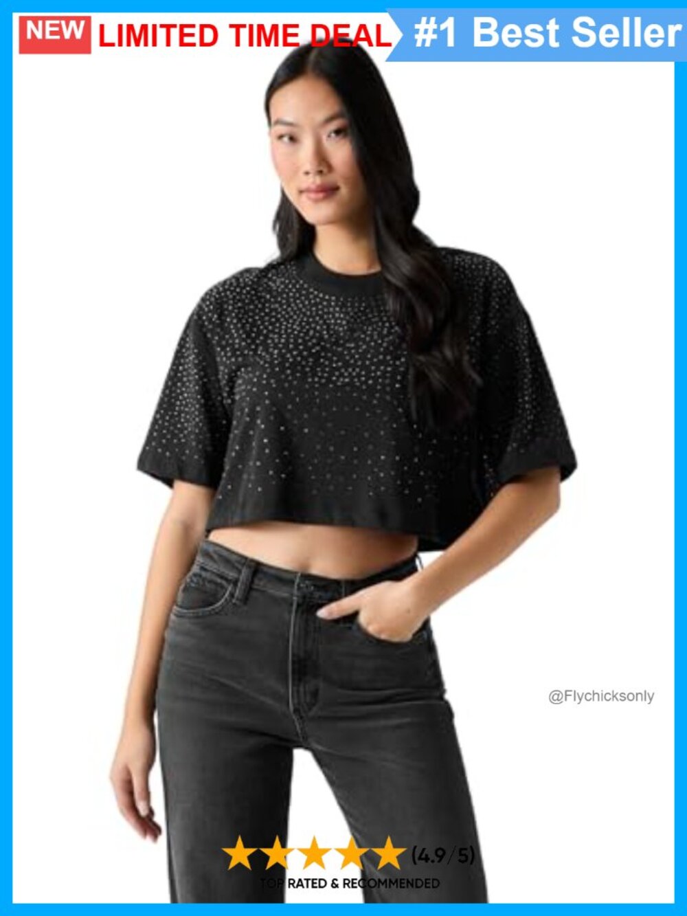 Rhinestone Crop Tee Organic Cotton Boxy Oversized 3/4 Sleeve